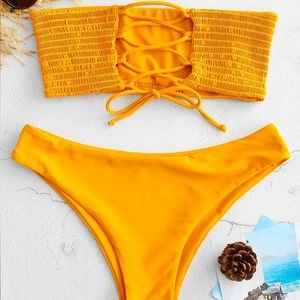 Mustard Orange Bandeau Cheeky Bikini Set - Size 6